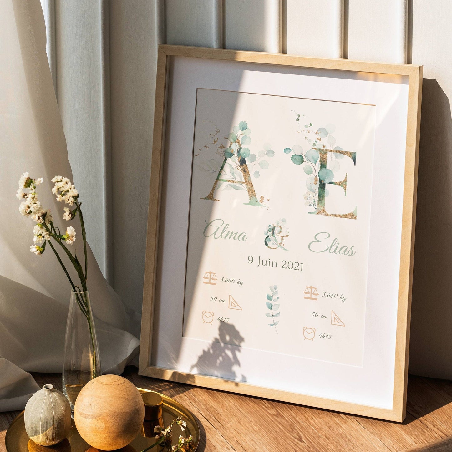 Affiche naissance jumeaux - affiche pour jumeaux - affiche personnalisée prénom initiale eucalyptus par Le Temps des Paillettes - Le Temps des Paillettes