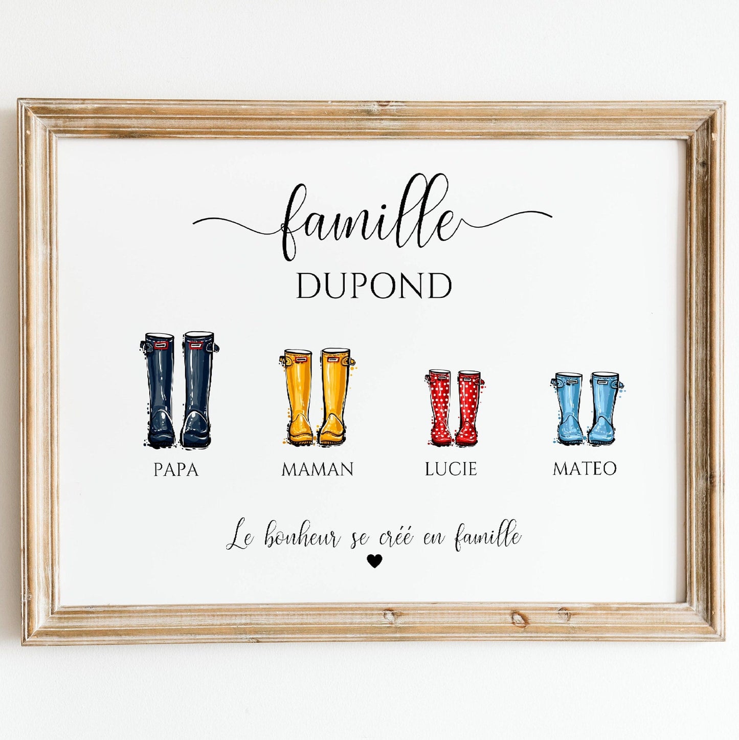 Affiche famille personnalisée, famille bottes de pluie, Custom family poster, Cadeau personnalisé Noël, bottes par Le Temps des Paillettes - Le Temps des Paillettes
