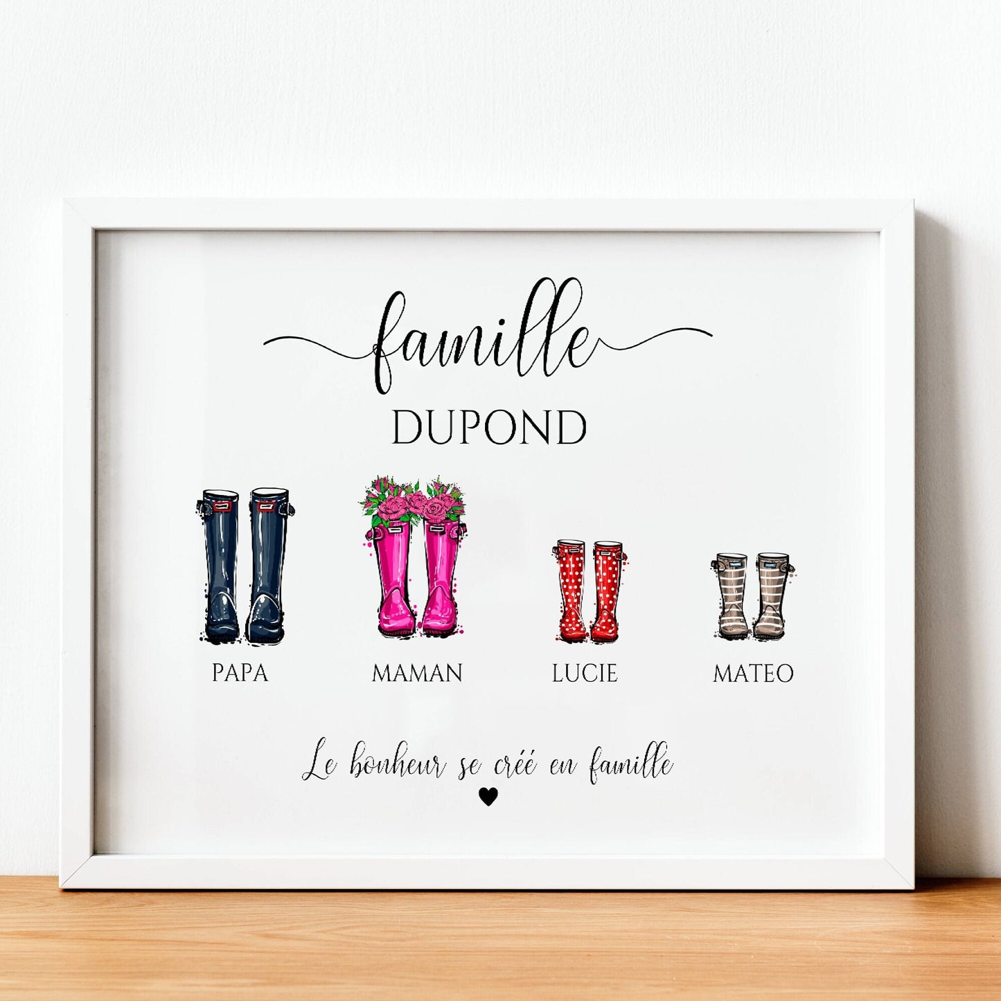 Affiche famille personnalisée, famille bottes de pluie, Custom family poster, Cadeau personnalisé Noël, bottes par Le Temps des Paillettes - Le Temps des Paillettes