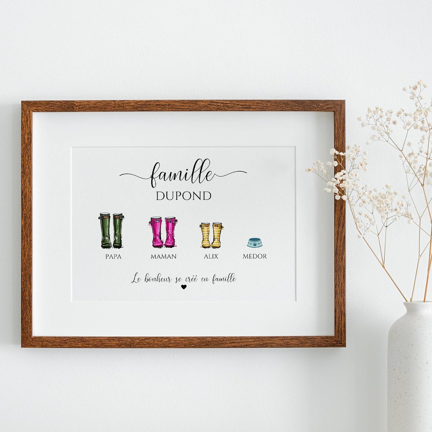 Affiche famille personnalisée, famille bottes de pluie, Custom family poster, Cadeau personnalisé Noël, bottes par Le Temps des Paillettes - Le Temps des Paillettes