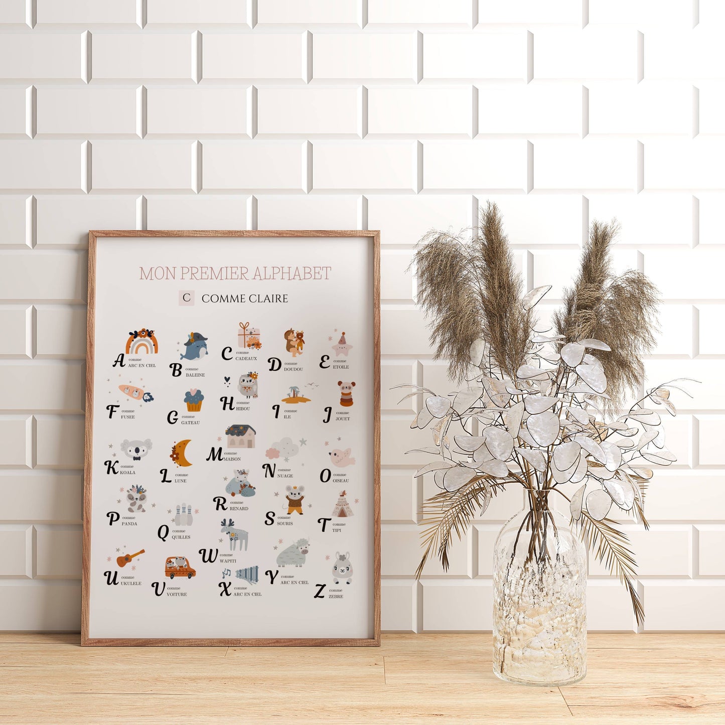 Affiche Alphabet Abécédaire personnalisable prénom- Chambre fille garçon - Illustration chambre enfant bébé par Le Temps des Paillettes - Le Temps des Paillettes