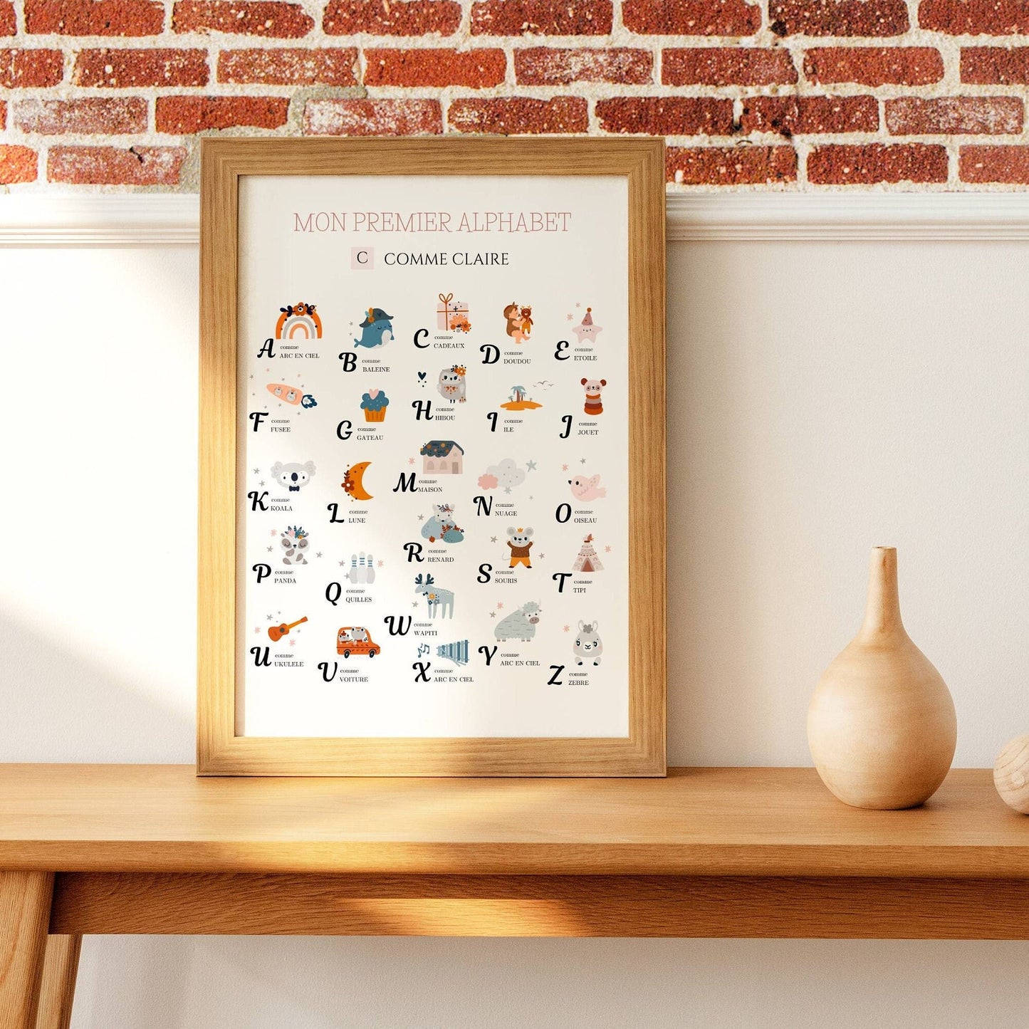 Affiche Alphabet Abécédaire personnalisable prénom- Chambre fille garçon - Illustration chambre enfant bébé par Le Temps des Paillettes - Le Temps des Paillettes