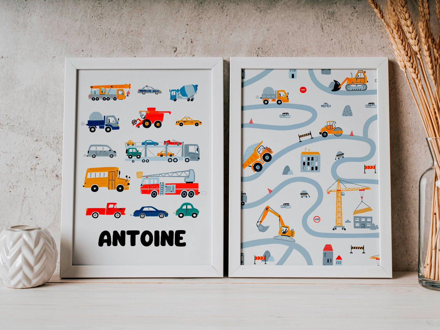 affiche enfant véhicules personnalisé - engins de chantier & route - poster bébé voitures par Le Temps des Paillettes - Le Temps des Paillettes