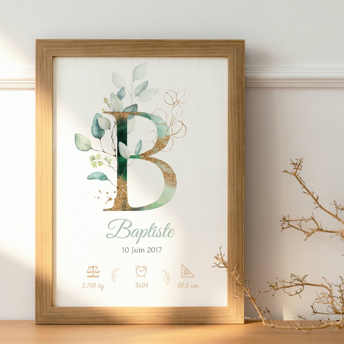 Affiche de naissance personnalisée prénom initiale eucalyptus - Cadeau de naissance personnalisé par Le Temps des Paillettes - Le Temps des Paillettes
