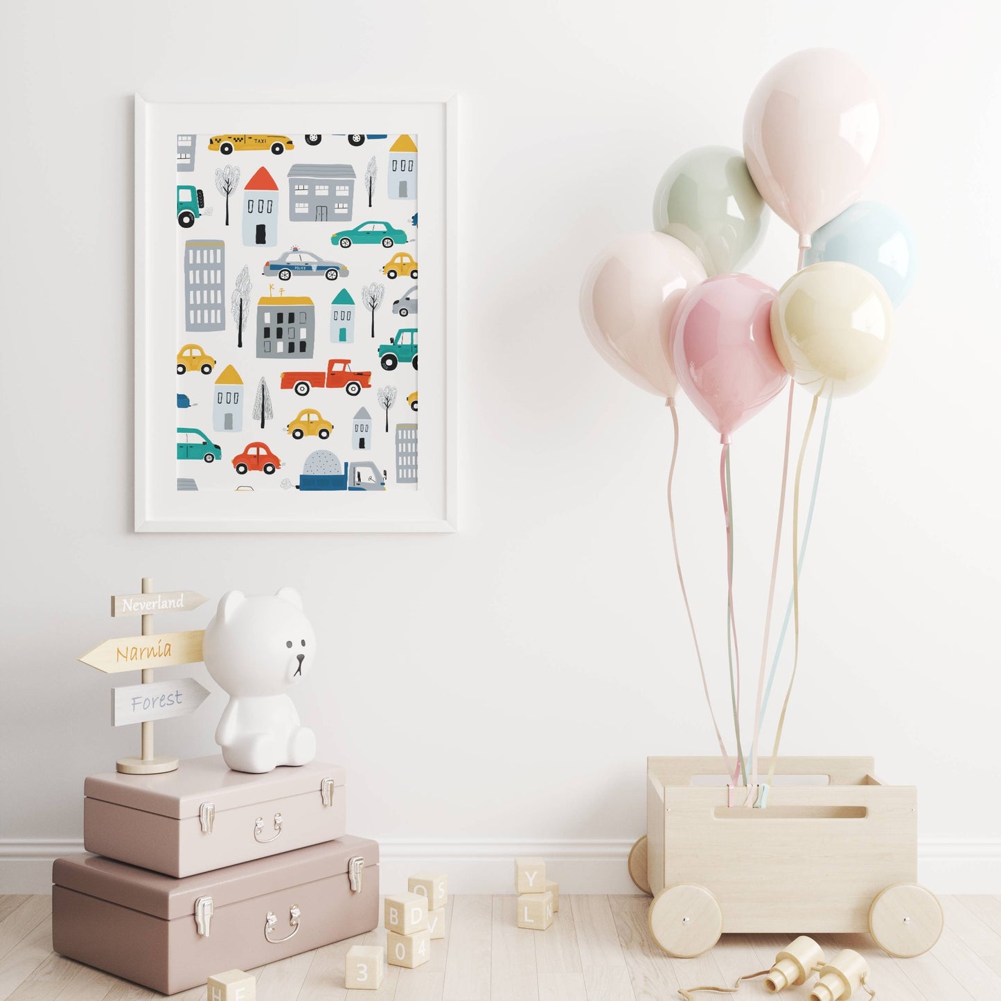affiche enfant véhicules personnalisé - engins de chantier & route - poster bébé voitures par Le Temps des Paillettes - Le Temps des Paillettes
