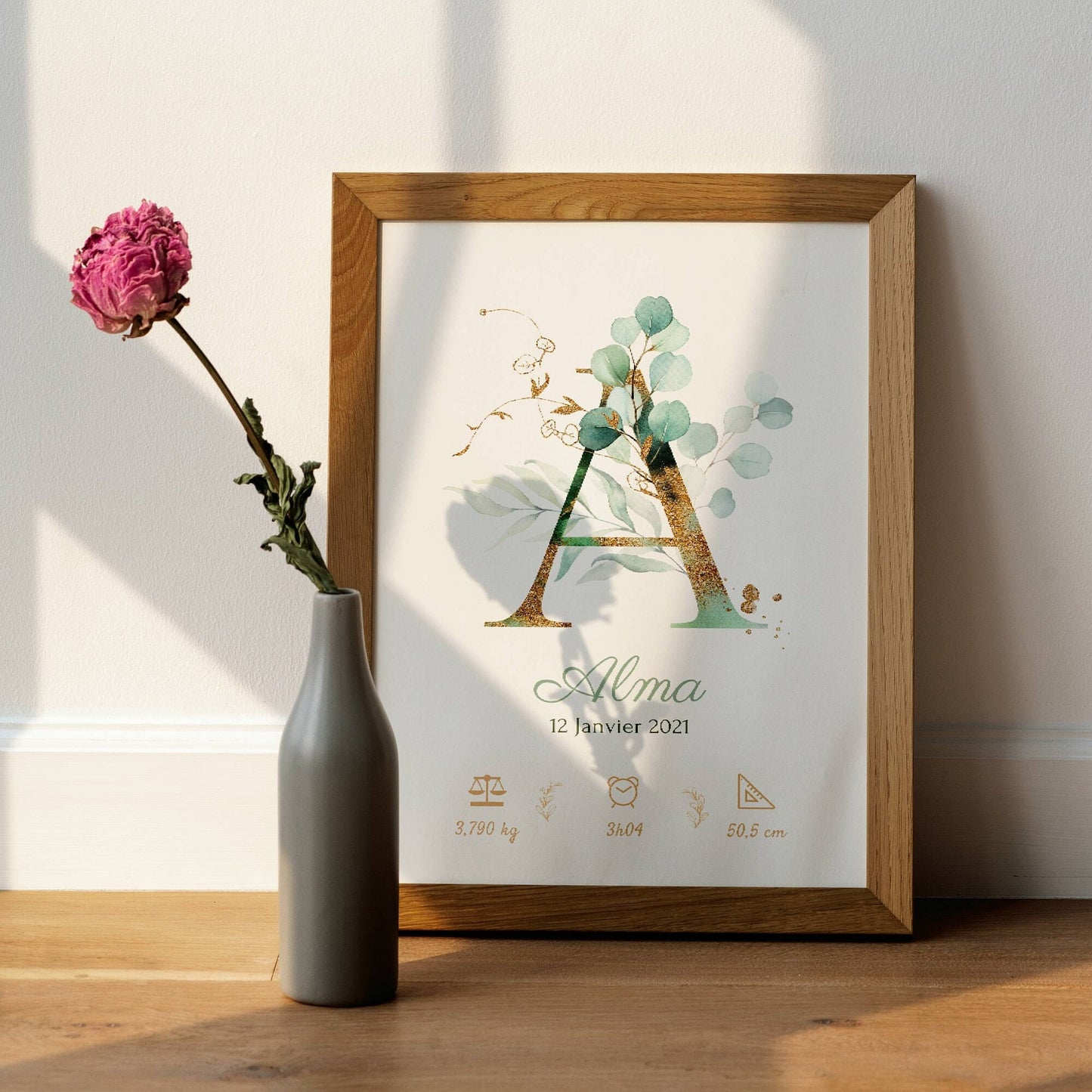 Affiche de naissance personnalisée prénom initiale eucalyptus - Cadeau de naissance personnalisé par Le Temps des Paillettes - Le Temps des Paillettes