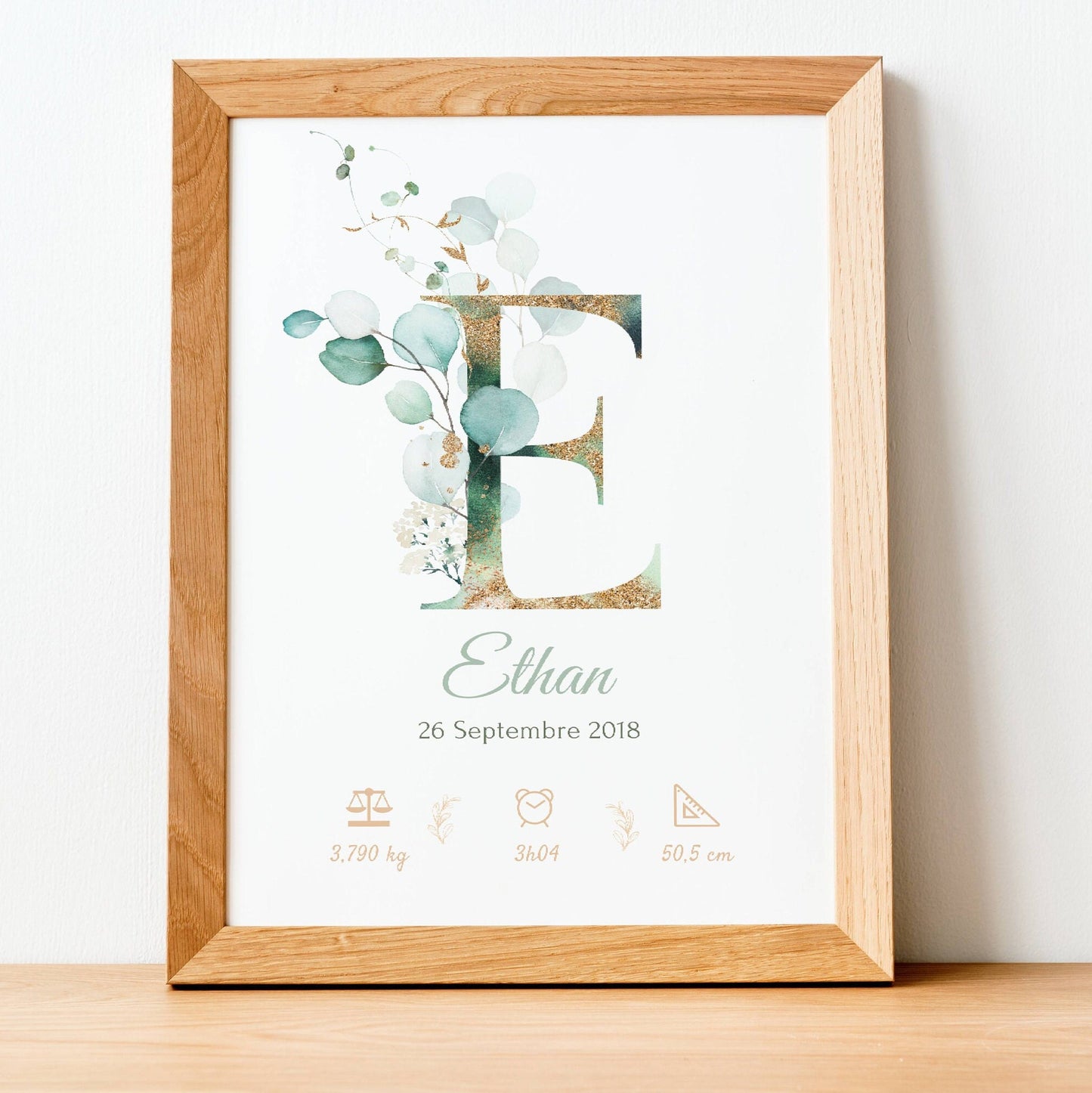 Affiche de naissance personnalisée prénom initiale eucalyptus - Cadeau de naissance personnalisé par Le Temps des Paillettes - Le Temps des Paillettes