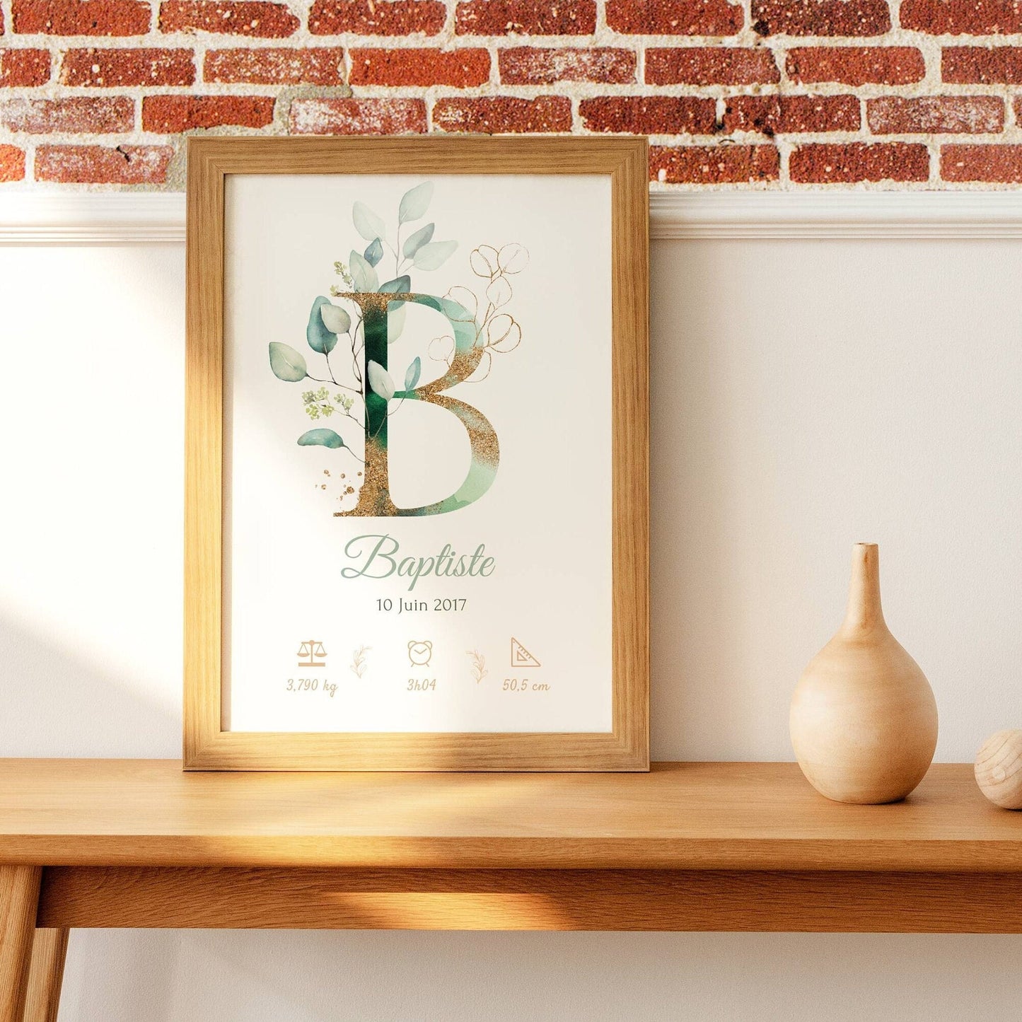 Affiche de naissance personnalisée prénom initiale eucalyptus - Cadeau de naissance personnalisé par Le Temps des Paillettes - Le Temps des Paillettes