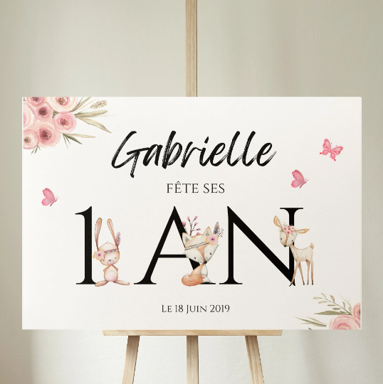 Affiche anniversaire enfant personnalisée - Affiche animaux forêt rose - Panneau bienvenue anniversaire par Le Temps des Paillettes - Le Temps des Paillettes