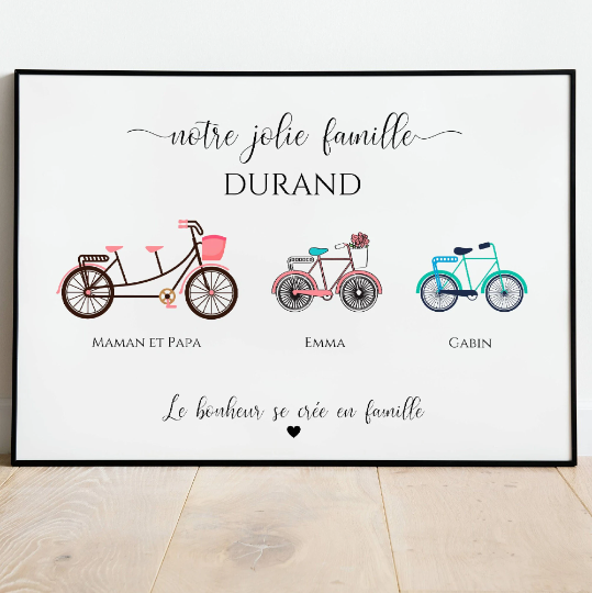 Affiche famille personnalisée vélo, Cadeau personnalisé famille avec vélo par Le Temps des Paillettes - Le Temps des Paillettes
