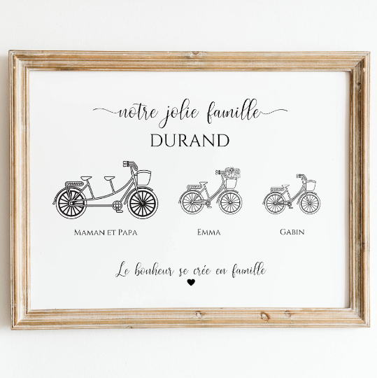 Affiche famille personnalisée vélo, Cadeau personnalisé famille avec vélo par Le Temps des Paillettes - Le Temps des Paillettes