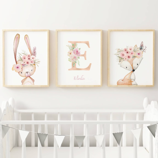 Set 3 affiches animaux aquarelle pour chambre enfant - cadeau de naissance personnalisée prénom par Le temps des paillettes - Le Temps des Paillettes