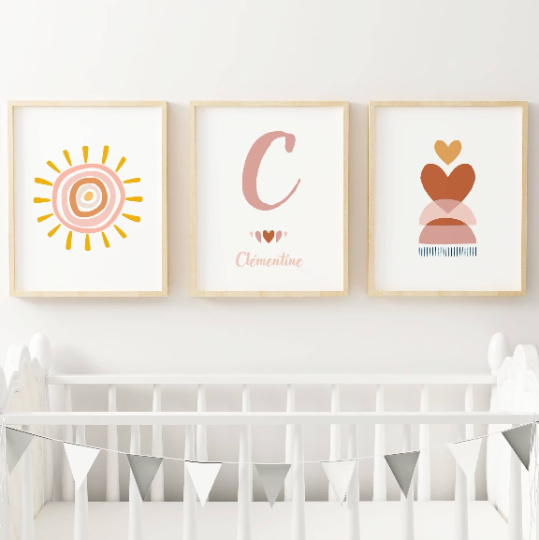 Set 3 affiches bohème aquarelle pour chambre enfant - cadeau de naissance personnalisée prénom par Le temps des paillettes - Le Temps des Paillettes