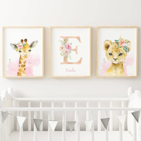 Set 3 affiches animaux de la savane pour chambre enfant - cadeau de naissance personnalisée prénom par Le temps des paillettes - Le Temps des Paillettes