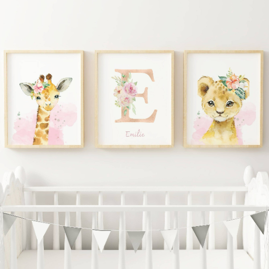 Set 3 affiches animaux de la savane pour chambre enfant - cadeau de naissance personnalisée prénom - Le Temps des Paillettes