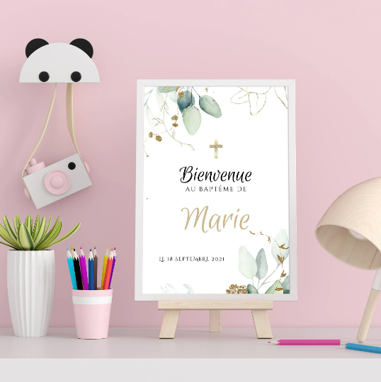 Affiche bienvenue baptême eucalyptus / anniversaire personnalisée - Panneau de bienvenue pour bapteme par le Temps des Paillettes - Le Temps des Paillettes