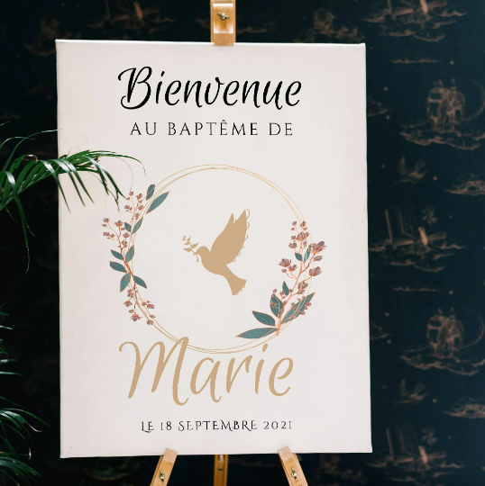 Affiche bienvenue baptême Colombe / anniversaire personnalisée - Panneau de bienvenue pour baptême par le Temps des Paillettes - Le Temps des Paillettes