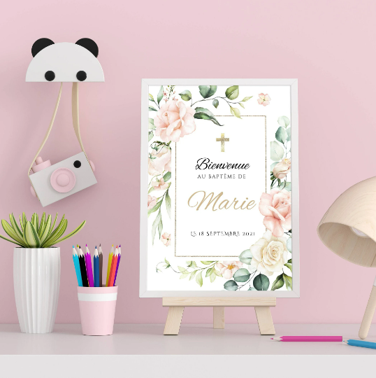 Affiche bienvenue baptême / anniversaire personnalisée - Panneau de bienvenue pour bapteme par le Temps des Paillettes - Le Temps des Paillettes