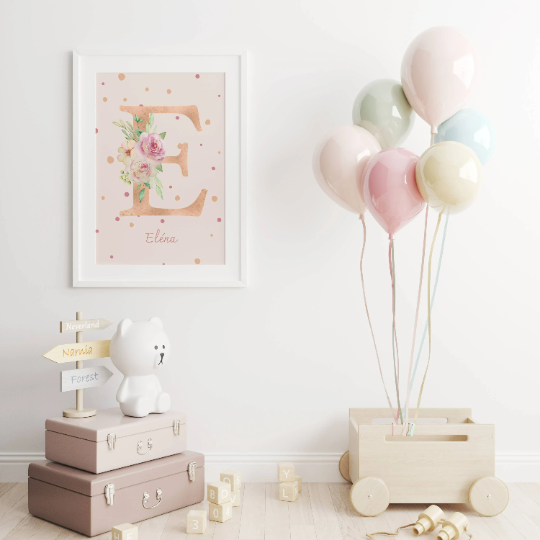 Affiches enfant Style Boho - Affiche de Naissance Arc-en-ciel Terracotta - Initiale et Triple Cœurs - Le Temps des Paillettes