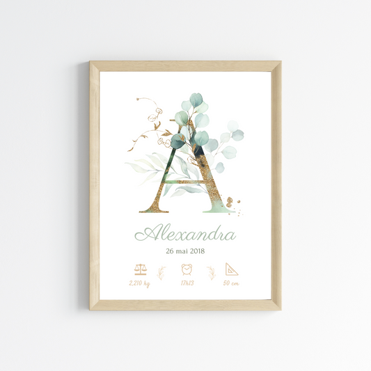 Affiche de naissance avec monogramme eucalyptus