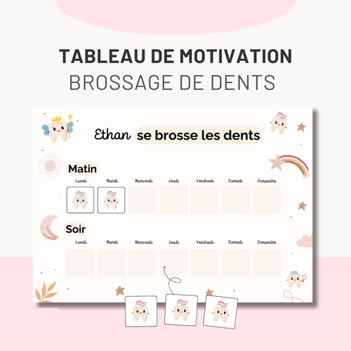 Tableau de motivation brossage de dents gratuit à imprimer. Suivi matin et soir, design ludique, PDF haute résolution. Accès immédiat.
