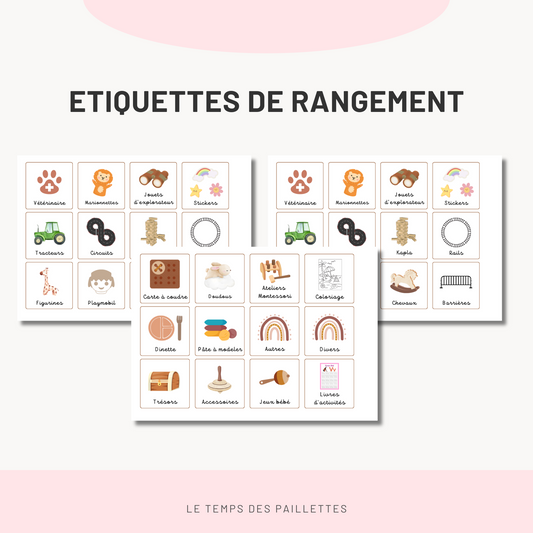 72 étiquettes de rangement jouets Montessori pour bacs Trofast à télécharger gratuitement. PDF haute résolution, compatibles scratch velcro. Accès immédiat.