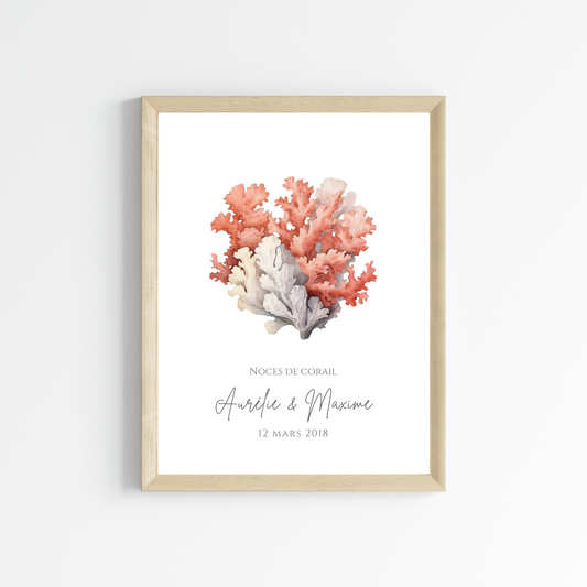 Noces de corail : signification, idées pour célébrer 11 ans de mariage et cadeau original. Affiche personnalisée avec vos prénoms et date. Fichier PDF sous 24h.