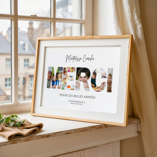 Cadre photo MERCI personnalisé avec les photos des enfants, cadeau crèche et nounou