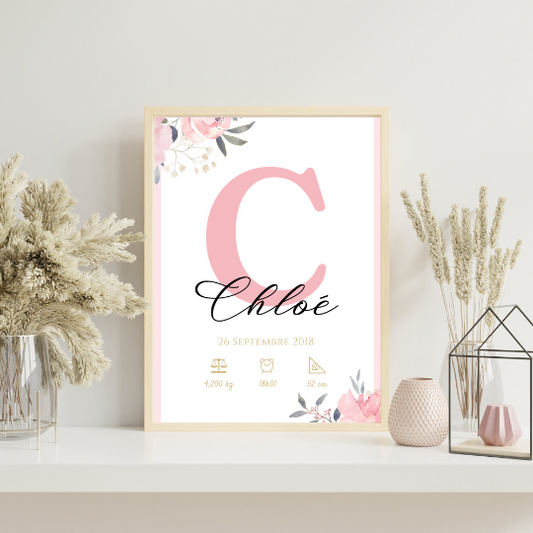 Affiche de naissance avec monogramme rose