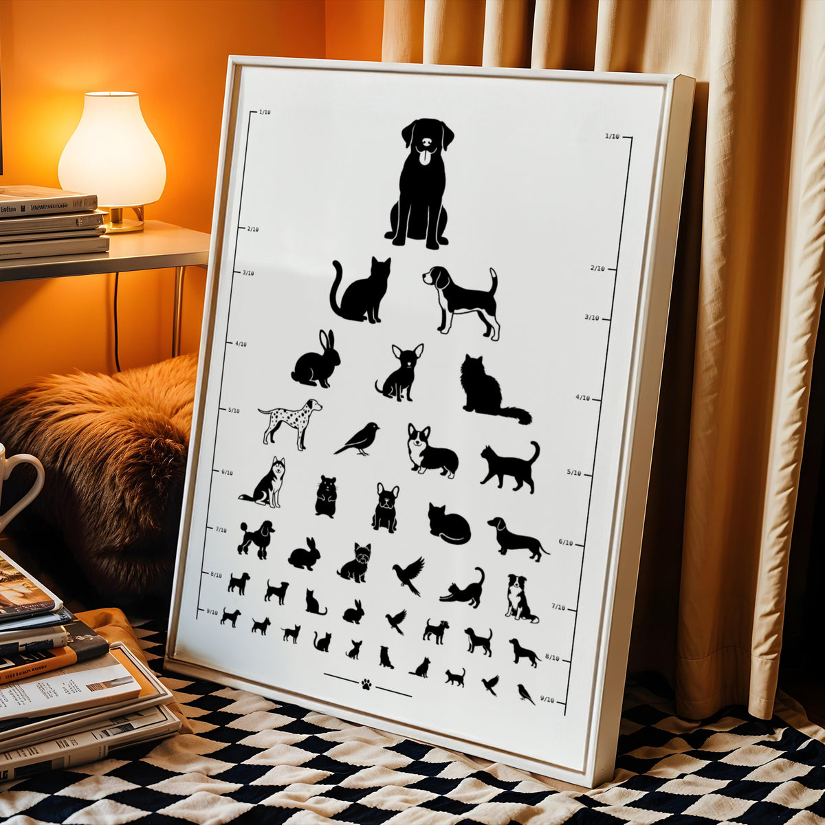 Affiche test de vue d’opticien avec silhouettes noires de chiens, chats, lapins et oiseaux
