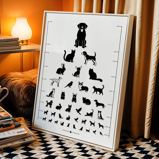 Affiche test de vue d’opticien avec silhouettes noires de chiens, chats, lapins et oiseaux