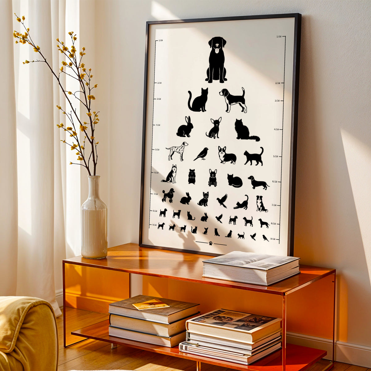 Affiche test de vue d’opticien avec silhouettes noires de chiens, chats, lapins et oiseaux