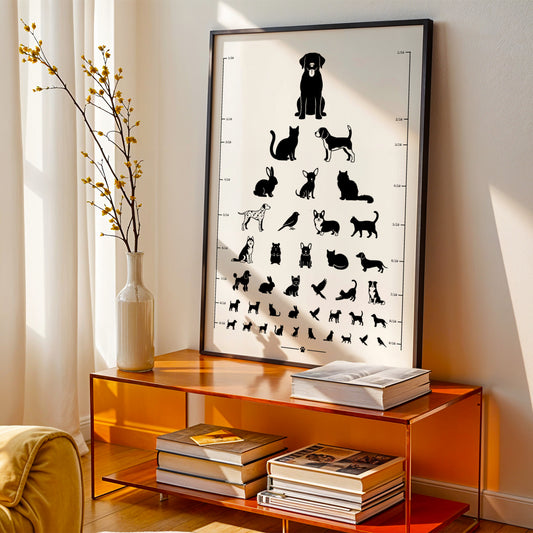Affiche test de vue d’opticien avec silhouettes noires de chiens, chats, lapins et oiseaux
