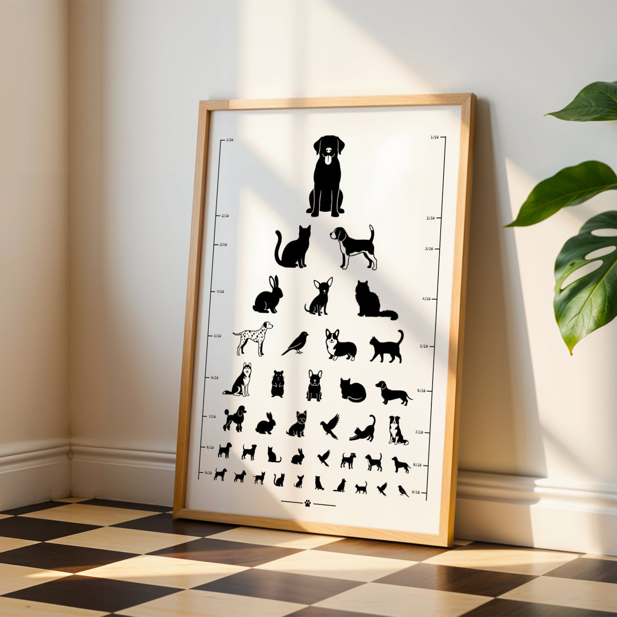 Affiche test de vue d’opticien avec silhouettes noires de chiens, chats, lapins et oiseaux