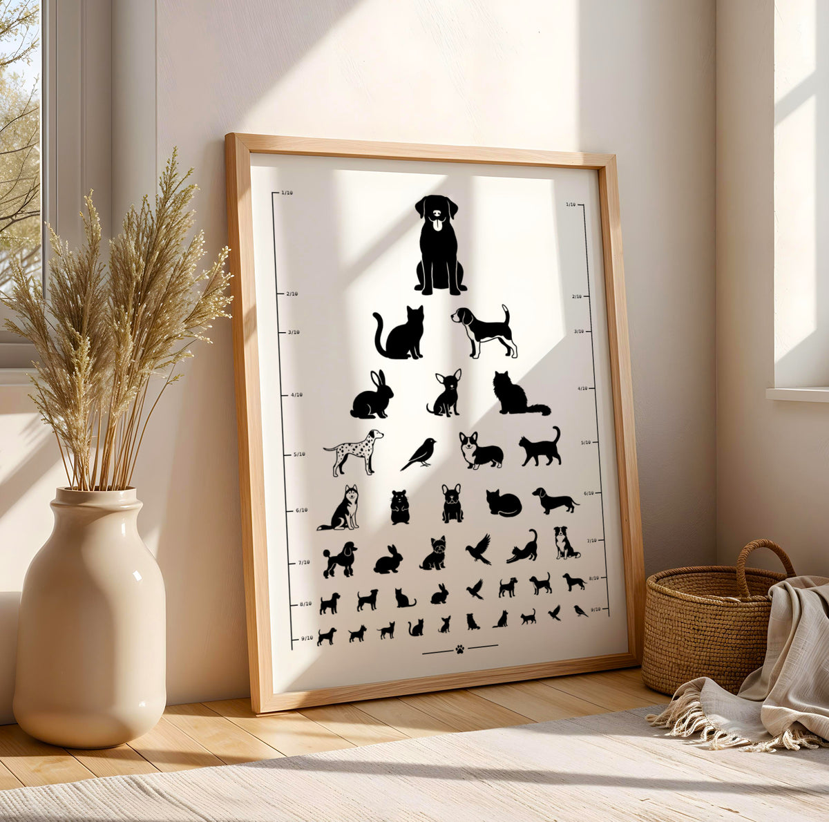 Affiche test de vue d’opticien avec silhouettes noires de chiens, chats, lapins et oiseaux
