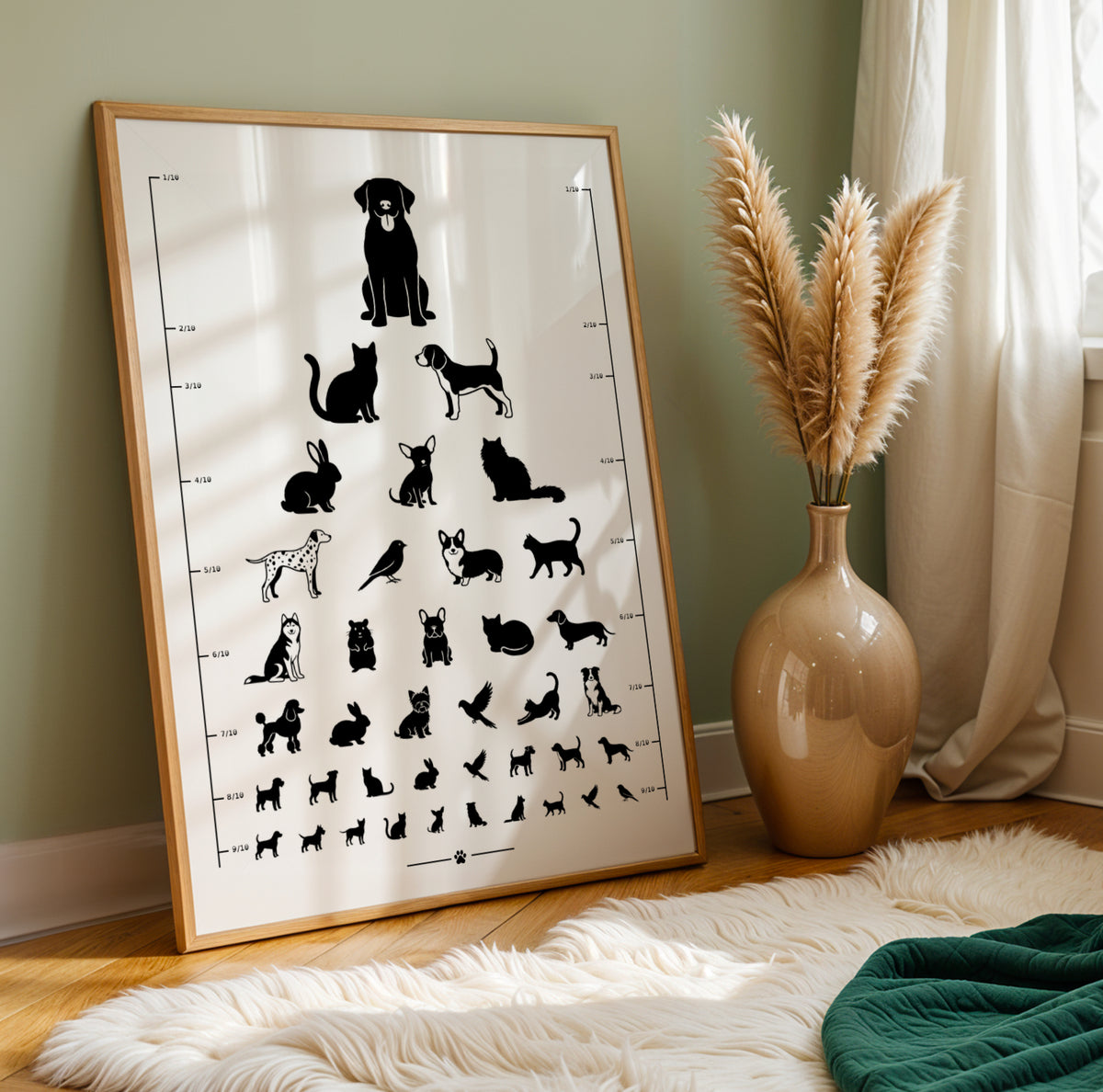 Affiche test de vue d’opticien avec silhouettes noires de chiens, chats, lapins et oiseaux