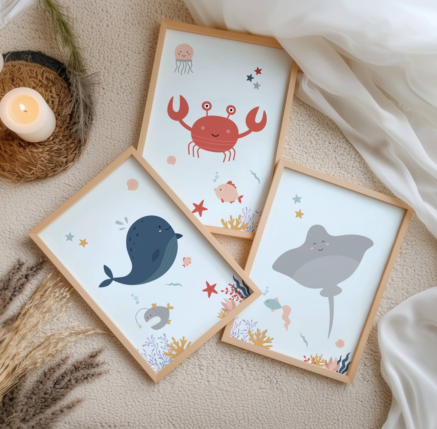 Lot 3 Affiches Chambre Enfant Océan Crabe Baleine Raie – Galerie Murale Cadeau Naissance Bébé Thème Mer - Image 4