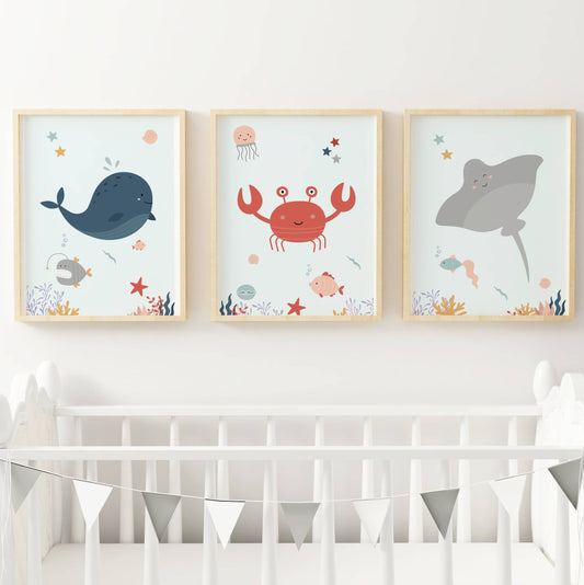 Lot 3 Affiches Chambre Enfant Océan Crabe Baleine Raie – Galerie Murale Cadeau Naissance Bébé Thème Mer