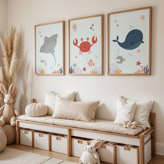 Lot 3 Affiches Chambre Enfant Océan Crabe Baleine Raie – Galerie Murale Cadeau Naissance Bébé Thème Mer