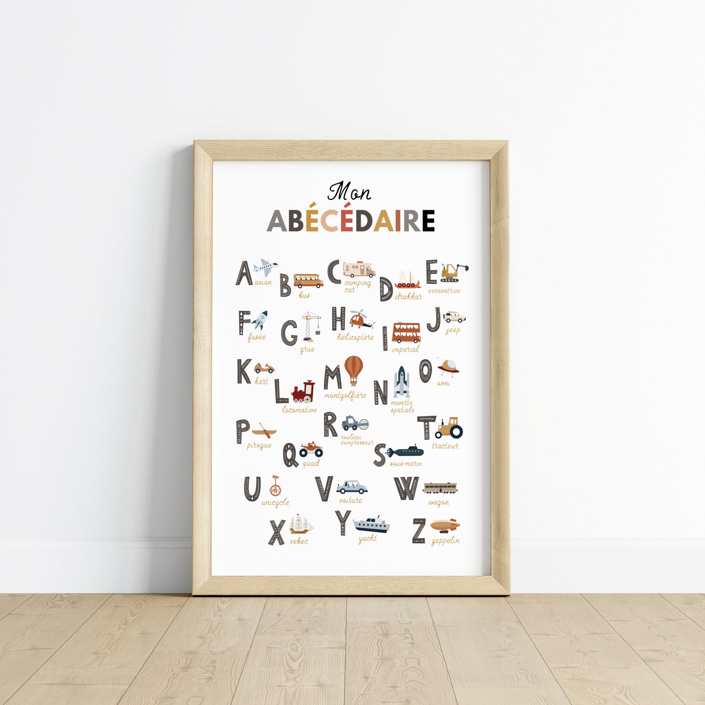 Affiche Abécédaire des Engins de Chantier pour Enfant, Poster ABC Éducatif Véhicules, Décoration Murale Chambre Bébé