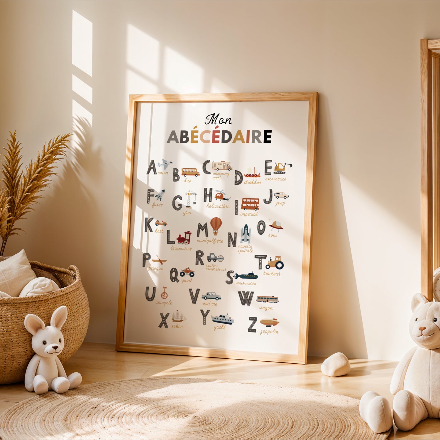 Affiche abécédaire des engins de chantier pour enfant, illustrée dans un style minimaliste et moderne. Chaque lettre de l’alphabet est associée à un véhicule de construction comme la pelleteuse, le camion-benne, la bétonnière ou le rouleau compresseur. Poster éducatif et décoratif aux couleurs douces, idéal pour apprendre l’alphabet, enrichir le vocabulaire et décorer une chambre de bébé, une chambre d’enfant ou une salle de jeux avec un thème chantier ludique.