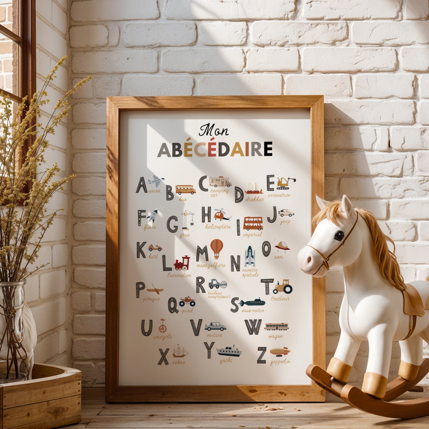 Affiche abécédaire des engins de chantier pour enfant, illustrée dans un style minimaliste et moderne. Chaque lettre de l’alphabet est associée à un véhicule de construction comme la pelleteuse, le camion-benne, la bétonnière ou le rouleau compresseur. Poster éducatif et décoratif aux couleurs douces, idéal pour apprendre l’alphabet, enrichir le vocabulaire et décorer une chambre de bébé, une chambre d’enfant ou une salle de jeux avec un thème chantier ludique.