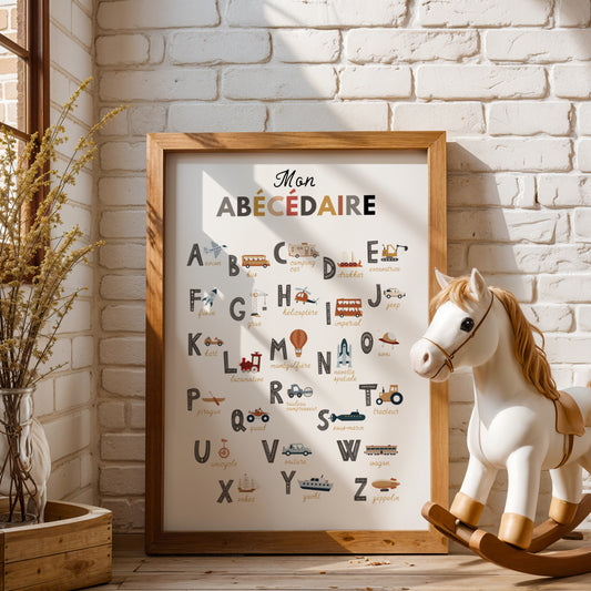 Affiche abécédaire des engins de chantier pour enfant, illustrée dans un style minimaliste et moderne. Chaque lettre de l’alphabet est associée à un véhicule de construction comme la pelleteuse, le camion-benne, la bétonnière ou le rouleau compresseur. Poster éducatif et décoratif aux couleurs douces, idéal pour apprendre l’alphabet, enrichir le vocabulaire et décorer une chambre de bébé, une chambre d’enfant ou une salle de jeux avec un thème chantier ludique.