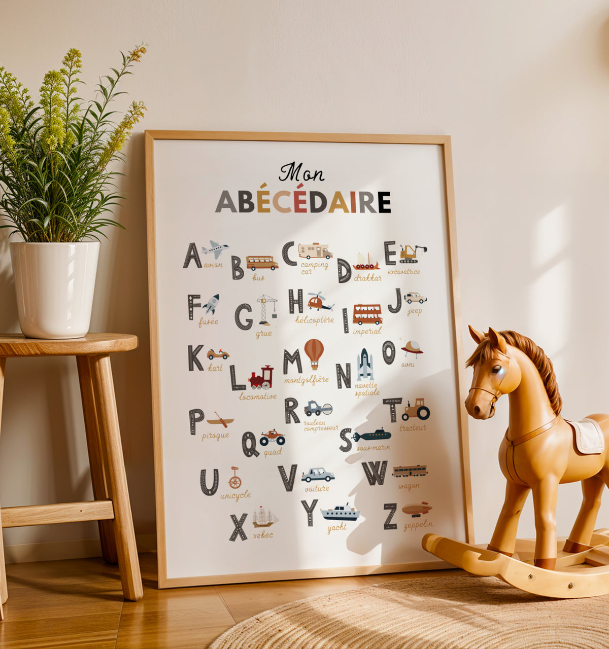 Affiche abécédaire des engins de chantier pour enfant, illustrée dans un style minimaliste et moderne. Chaque lettre de l’alphabet est associée à un véhicule de construction comme la pelleteuse, le camion-benne, la bétonnière ou le rouleau compresseur. Poster éducatif et décoratif aux couleurs douces, idéal pour apprendre l’alphabet, enrichir le vocabulaire et décorer une chambre de bébé, une chambre d’enfant ou une salle de jeux avec un thème chantier ludique.
