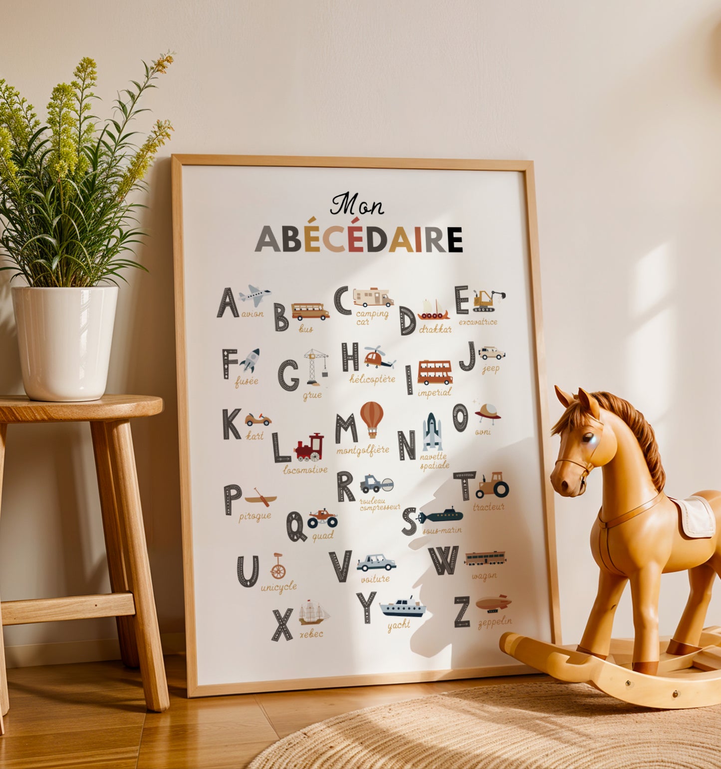 Affiche abécédaire des engins de chantier pour enfant, illustrée dans un style minimaliste et moderne. Chaque lettre de l’alphabet est associée à un véhicule de construction comme la pelleteuse, le camion-benne, la bétonnière ou le rouleau compresseur. Poster éducatif et décoratif aux couleurs douces, idéal pour apprendre l’alphabet, enrichir le vocabulaire et décorer une chambre de bébé, une chambre d’enfant ou une salle de jeux avec un thème chantier ludique.