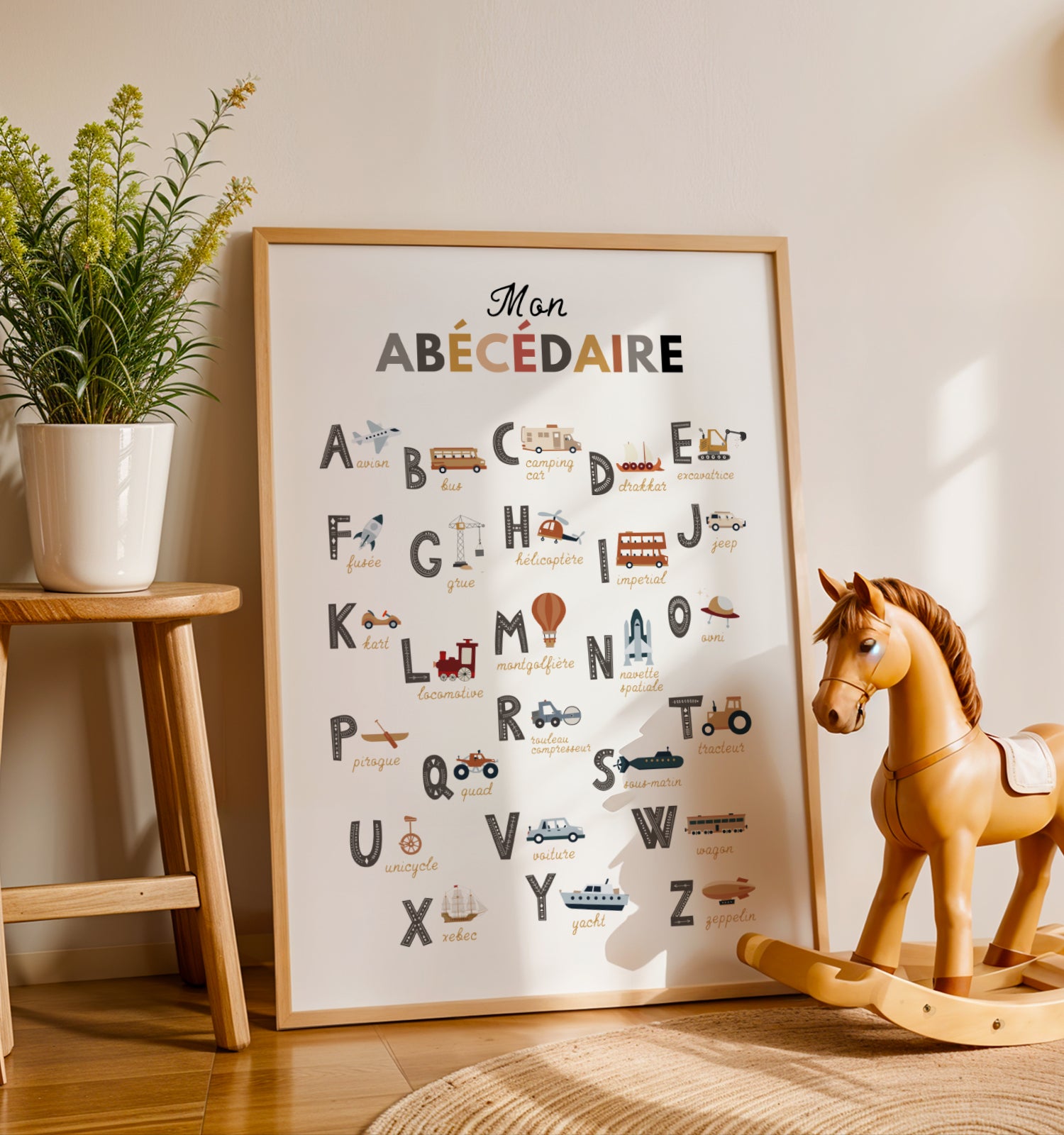 Affiche abécédaire des engins de chantier pour enfant, illustrée dans un style minimaliste et moderne. Chaque lettre de l’alphabet est associée à un véhicule de construction comme la pelleteuse, le camion-benne, la bétonnière ou le rouleau compresseur. Poster éducatif et décoratif aux couleurs douces, idéal pour apprendre l’alphabet, enrichir le vocabulaire et décorer une chambre de bébé, une chambre d’enfant ou une salle de jeux avec un thème chantier ludique.