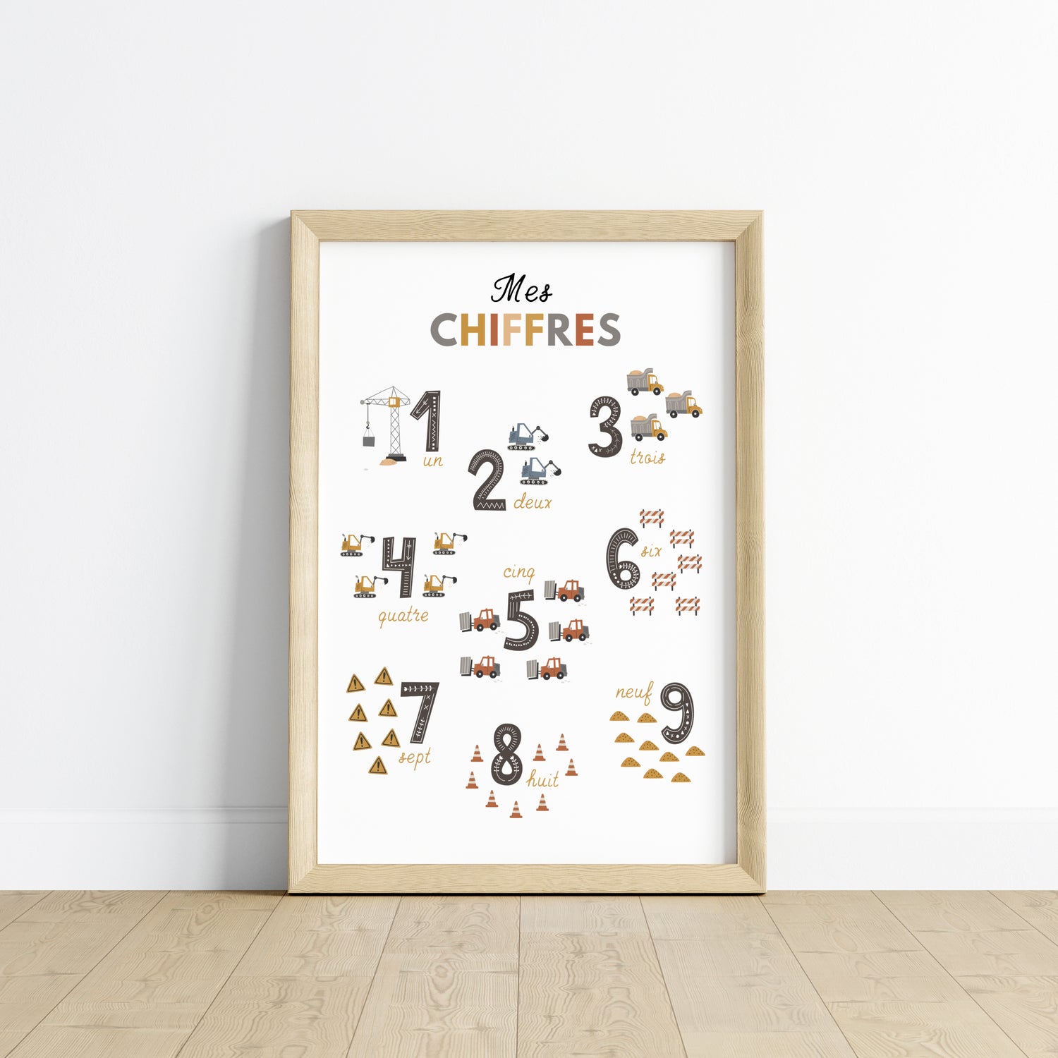 Affiche 123 pour enfant sur le thème du chantier, présentant les chiffres de 1 à 9 à travers des collections d’objets et d’engins de construction. Chaque nombre est illustré par plusieurs éléments du chantier comme camions, pelleteuses, grues, cônes ou outils afin d’aider l’enfant à apprendre à compter de manière ludique. Poster éducatif et décoratif au style doux et moderne, parfait pour une chambre de bébé, une chambre d’enfant ou une salle de jeux.