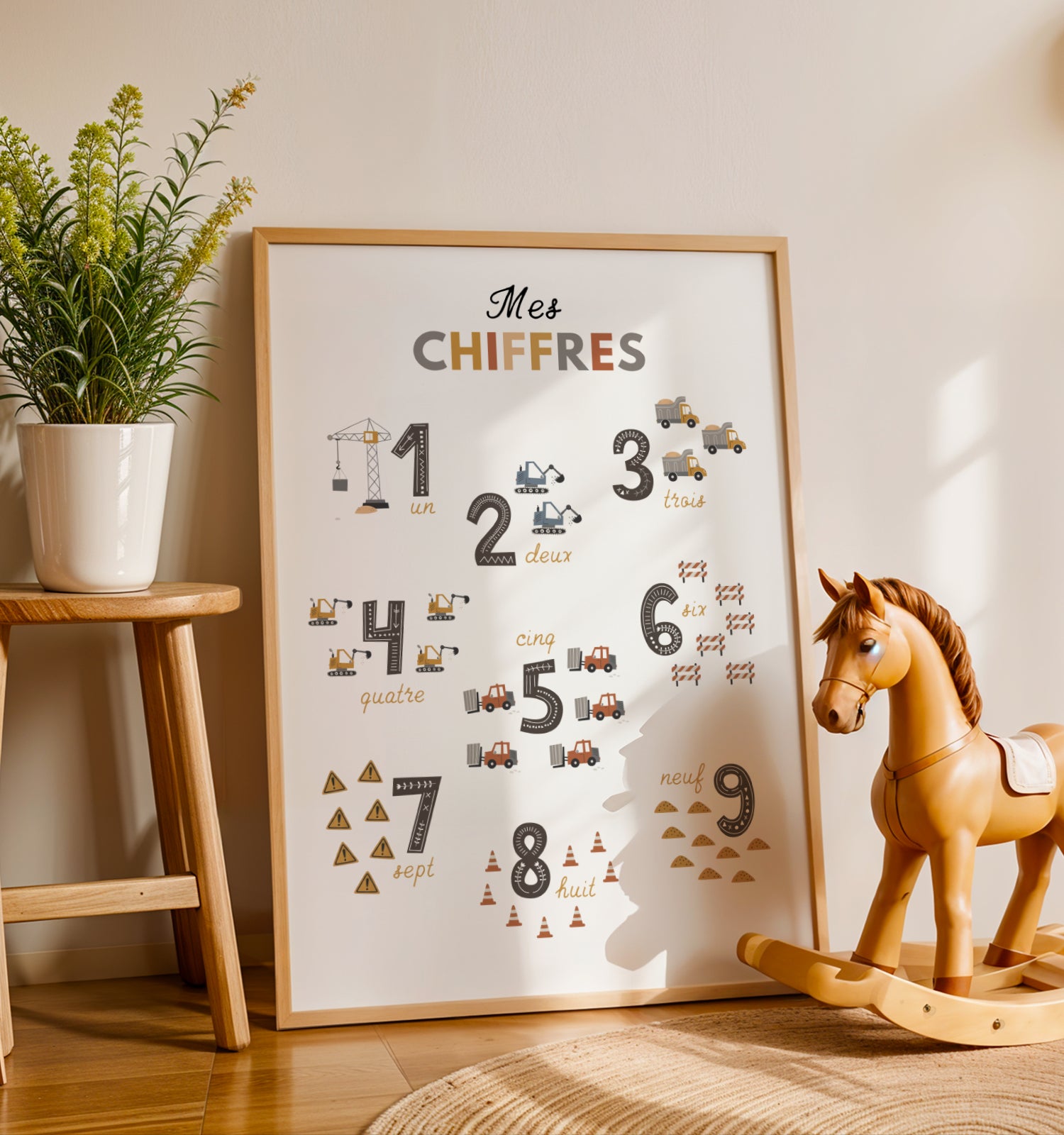 Affiche 123 pour enfant sur le thème du chantier, présentant les chiffres de 1 à 9 à travers des collections d’objets et d’engins de construction. Chaque nombre est illustré par plusieurs éléments du chantier comme camions, pelleteuses, grues, cônes ou outils afin d’aider l’enfant à apprendre à compter de manière ludique. Poster éducatif et décoratif au style doux et moderne, parfait pour une chambre de bébé, une chambre d’enfant ou une salle de jeux.