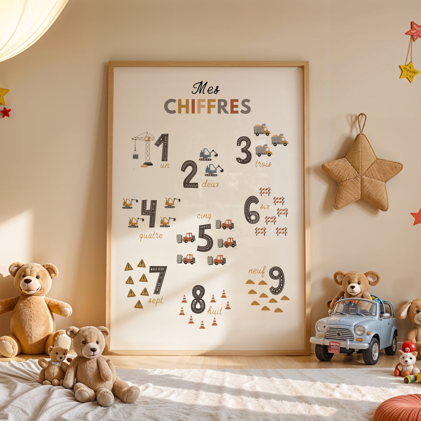 Affiche 123 pour enfant sur le thème du chantier, présentant les chiffres de 1 à 9 à travers des collections d’objets et d’engins de construction. Chaque nombre est illustré par plusieurs éléments du chantier comme camions, pelleteuses, grues, cônes ou outils afin d’aider l’enfant à apprendre à compter de manière ludique. Poster éducatif et décoratif au style doux et moderne, parfait pour une chambre de bébé, une chambre d’enfant ou une salle de jeux.