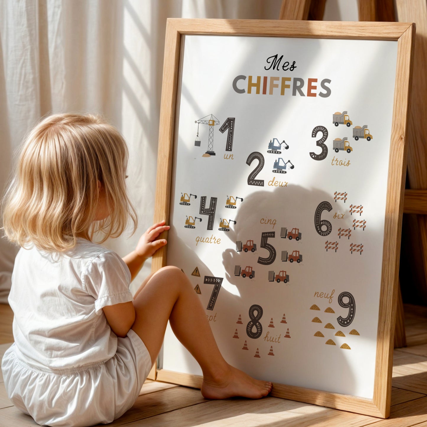 Affiche 123 pour enfant sur le thème du chantier, présentant les chiffres de 1 à 9 à travers des collections d’objets et d’engins de construction. Chaque nombre est illustré par plusieurs éléments du chantier comme camions, pelleteuses, grues, cônes ou outils afin d’aider l’enfant à apprendre à compter de manière ludique. Poster éducatif et décoratif au style doux et moderne, parfait pour une chambre de bébé, une chambre d’enfant ou une salle de jeux.